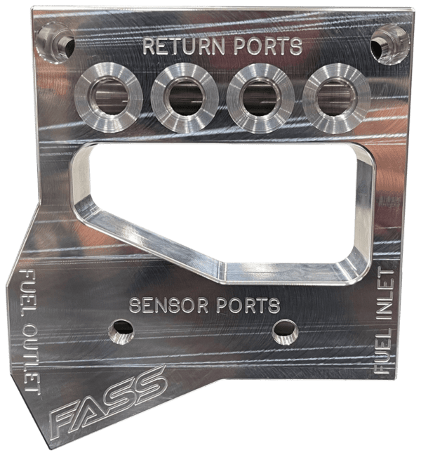 A metal part with the words return ports and sensor ports.