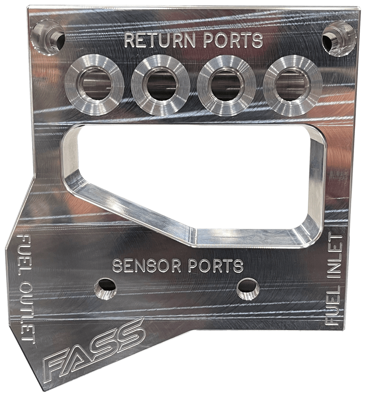 A metal part with the words return ports and sensor ports.