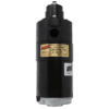 A black and gold bottle of water on a green background