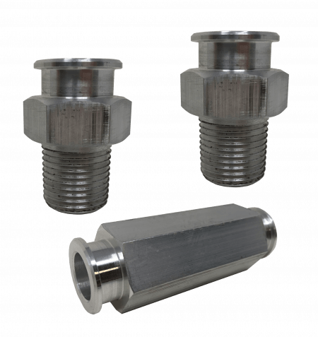 A group of three stainless steel couplings.