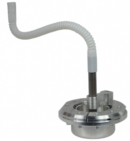 A stainless steel faucet with a white hose.