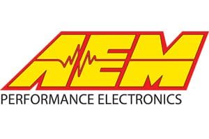 A yellow and red logo for performance electronics.