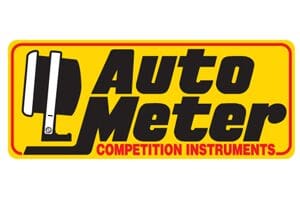 A yellow and red logo for auto meter