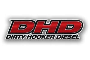 A red and black logo for dirty hooker diesel.