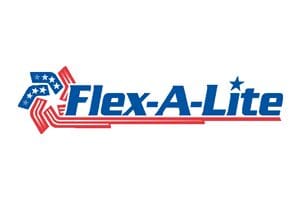 A red white and blue logo for flex-a-lite.