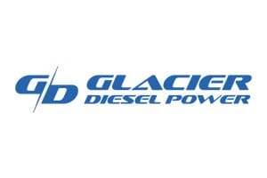 A blue and white logo of glacier diesel power.