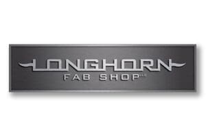 A silver and black logo for longhorn fab shop.