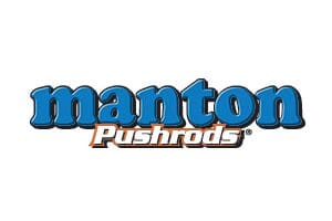 A blue and white logo for manton pushrods.