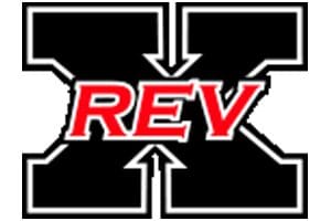 A black and white logo with red letters.