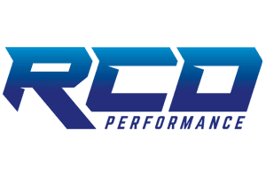 A blue and white logo of rcc performance