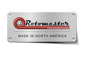 A metal sign that says rotomaster made in north america.