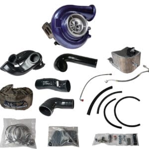A variety of parts are laid out for the turbocharger.