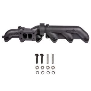 A black exhaust manifold with bolts and nuts.
