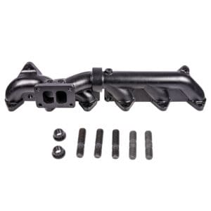 A black exhaust manifold with six bolts and nuts.