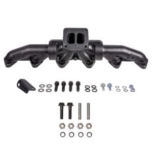 A black exhaust manifold with multiple different parts.