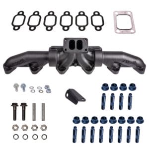 A black exhaust manifold with many different parts.