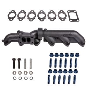 A black exhaust manifold with many different hardware.