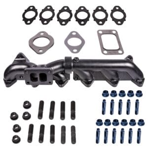 A black exhaust manifold with many different parts
