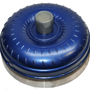 A blue car torque converter on top of a green background.
