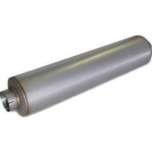 Silver cylindrical car exhaust muffler.