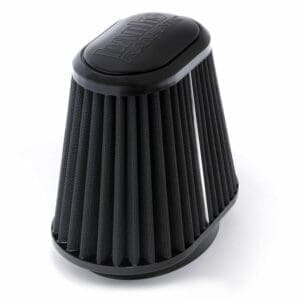 Black pleated automotive air filter, white background.