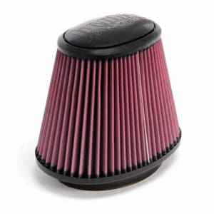 Conical red air filter with black top.