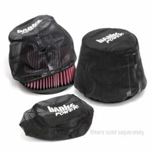 Black air filter covers with logos.