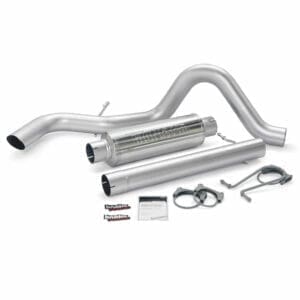 Silver exhaust system with pipes and accessories.