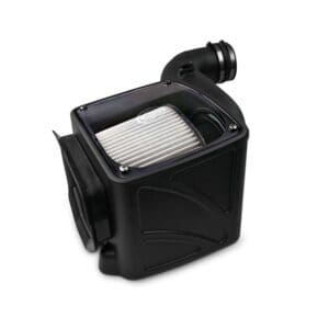 Black automotive air filter assembly, isolated view.