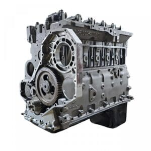 Diesel engine block with visible gears.