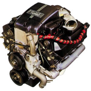Turbocharged engine with visible components and pipes.