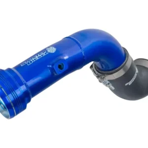 Blue automotive air intake pipe with clamps.