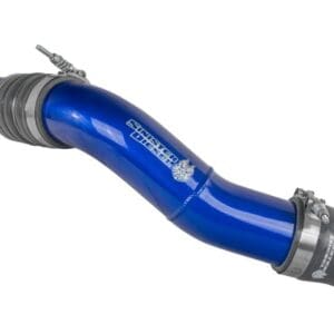 Blue automotive hose with metal clamps.