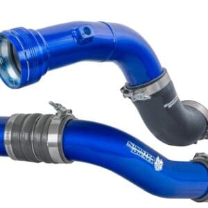 Blue automotive turbo intake pipes with clamps.