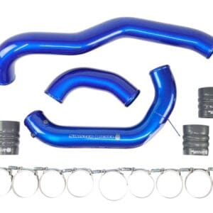 Blue automotive intercooler piping kit with clamps.