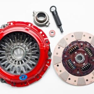 Red clutch kit with components on display.