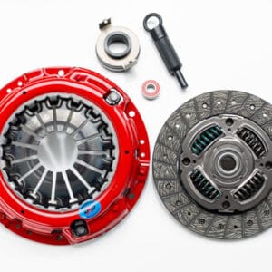 Red clutch kit components on white background.