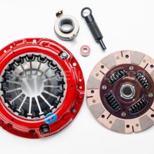 Red and brown automotive clutch kit components.