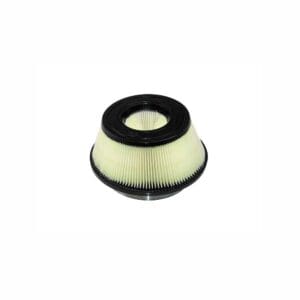 Round air filter with pleated design.