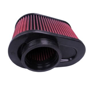 Red automotive air filter on white background.