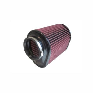 Red automotive air filter with black trim.