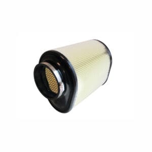 Air filter with cylindrical shape and metal ring.