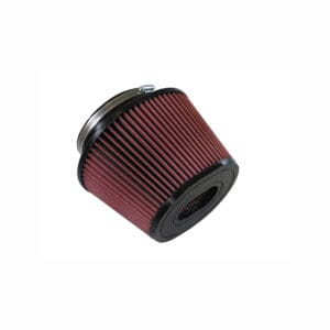 Red cone-shaped air filter with clamp.
