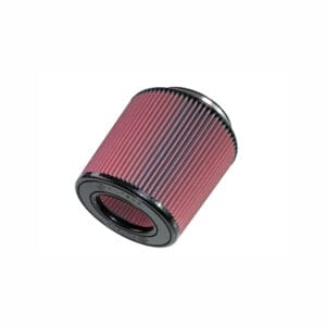 Red cylindrical air filter with black edges.