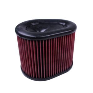 Red and black automotive air filter.