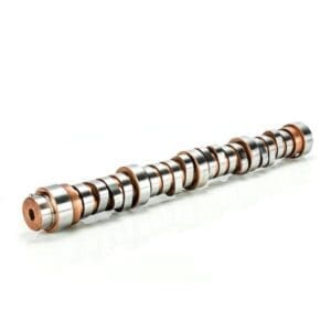 Metal camshaft on white background.