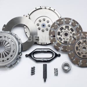 Car clutch kit parts arranged on display.