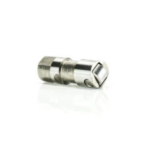 Metallic industrial component on white background.