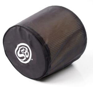 Black cylindrical air filter with logo.