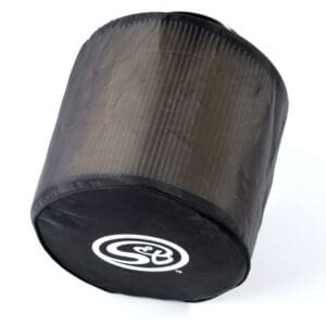Black cylindrical air filter with logo.